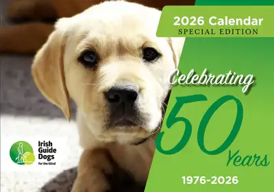 Front cover of 2026 Calendar with a yellow dog