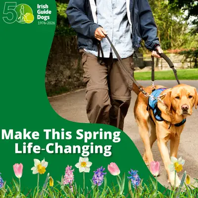Image of an assistance dog walking with graphics of flowers and the words Make this Spring life-changing